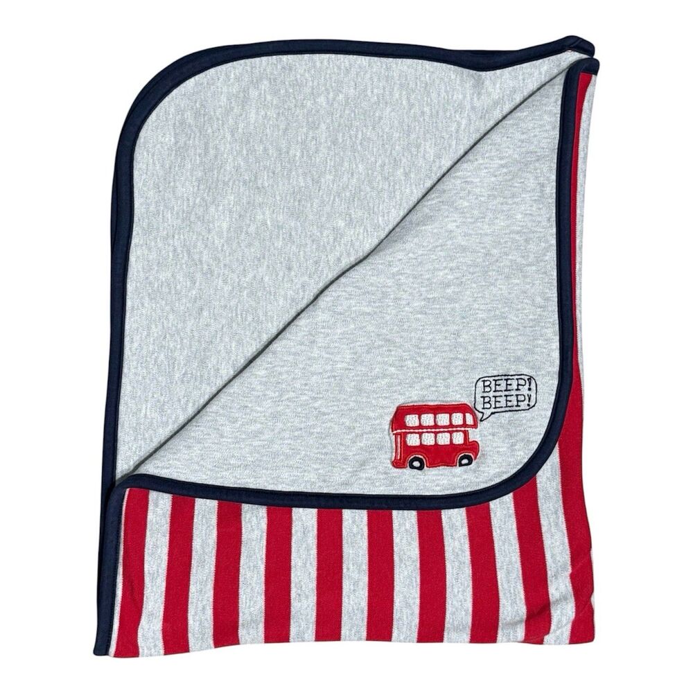 Carter's Just One You Baby Blanket Double Decker Bus Striped Gray Red